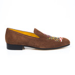 Suede Deer Crest Embroidered Slip-On // Brown (Euro: 39)