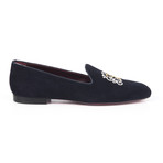 Suede Scrolled Motif Embroidered Slip-On // Blue (Euro: 42)