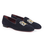 Suede Scrolled Motif Embroidered Slip-On // Blue (Euro: 42)