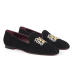 Suede Scrolled Motif Embroidered Slip-On // Black (Euro: 39)