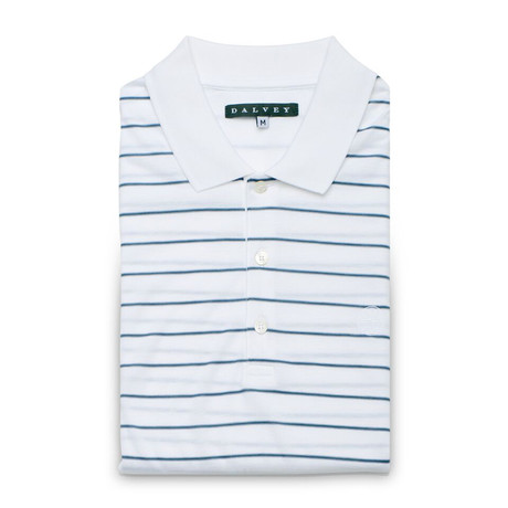 Jersey Knit Polo Shirt // White + Teal Stripe (S)