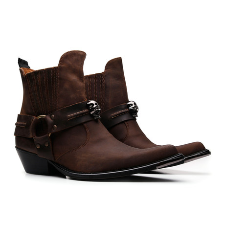 Skull Embellished Moto Ankle Boot // Brown (Euro: 40)