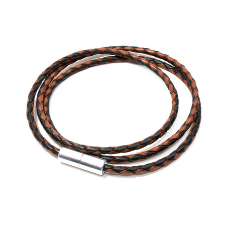 Triple Wrap Round Leather Rapper Bracelet // Aluminum Clasp // Black + Brown Denim // 3MM (Small)