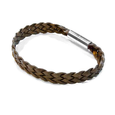 Sonoma Flat Braided Leather Bracelet // Aluminum Clasp // Metallic Olive // 10MM (Small)