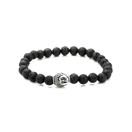 Black Lava Satin Finish Beads Bracelet // Steel Buddha Head Charm