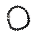 Black Lava Satin Finish Beads Bracelet // Steel Buddha Head Charm