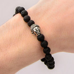 Black Lava Satin Finish Beads Bracelet // Steel Buddha Head Charm