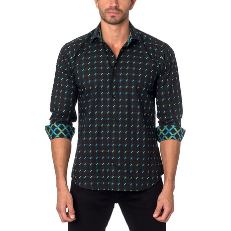 THOMAS Button-Up // Black + Green Woven Square Pattern (2XL)