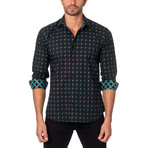 THOMAS Button-Up // Black + Green Woven Square Pattern (2XL)