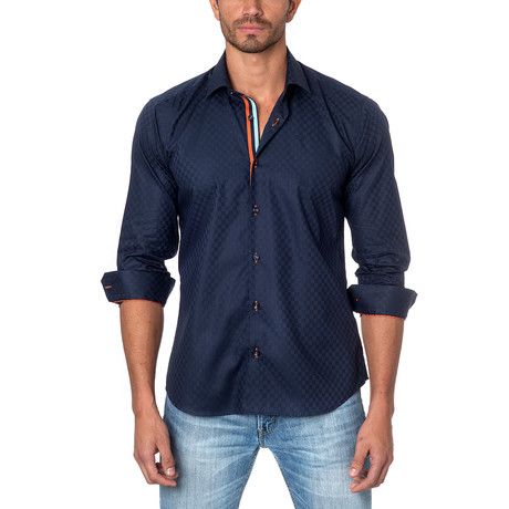 ROONIE Button-Up // Navy + Teal Square Jacquard (XL)