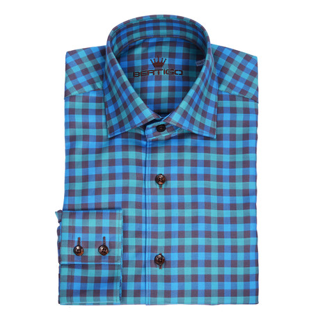 Martini Twill Button Up Shirt // Turquoise + Navy Blue + Green Checkered (S)