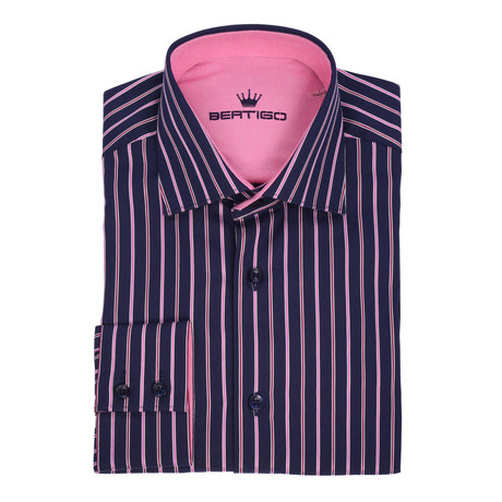 Gustavo Button-Up Shirt // Navy Blue + Pink Stripe (S)