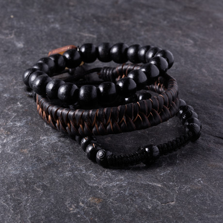 Rosary + Leather Bracelet Set // Black