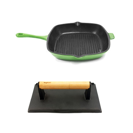Neo 2Pc Cast Iron Grill Set: Grill Pan & Bacon/Steak Press, Green