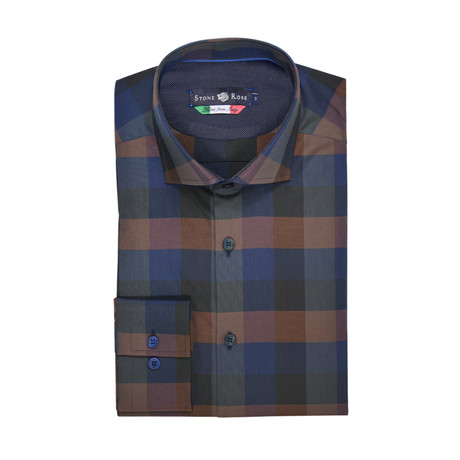 Check Button Up Shirt // Brown + Navy + Black (XS)