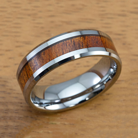 Beveled Edge Tungsten Carbide + Koa Wood Ring // 8mm (Size 6)
