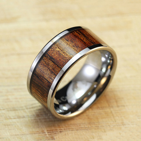 Flat Polish Tungsten Carbide + Hawaiian Koa Wood Ring // 10mm (Size 6)
