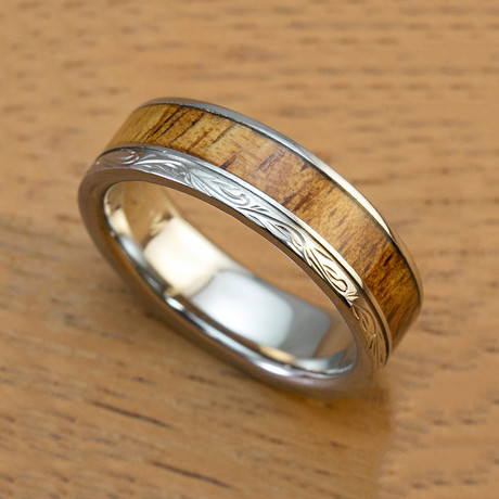 Engraved Titanium + Hawaiian Koa Wood Ring // 6mm (Size 6.5)