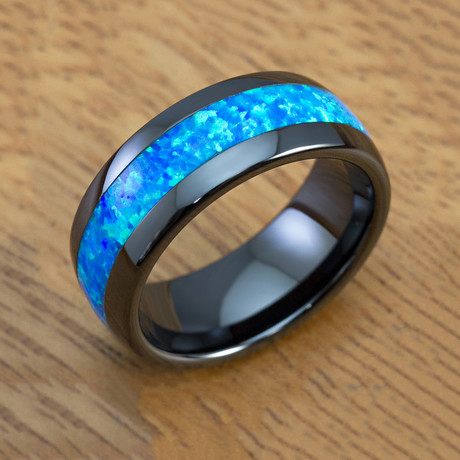 Black Ceramic + Blue Opal Ring // 8mm (Size 6)