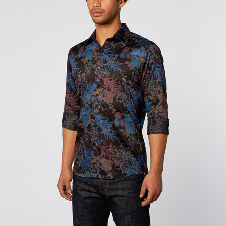Overall Floral Slim Fit Button-Up Shirt // Black + Blue (XS)