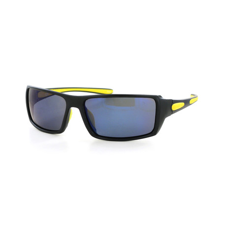 Wrap Sunglasses // Black + Yellow Rubber + Blue Flash Mirror Lenses