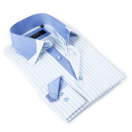 Coogi // Button-Up Shirt + Chambray Detail // Light Blue Stripe (S)