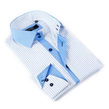 Coogi // Button-Up Shirt + Blue Dot Contrast // White Stripe (S)