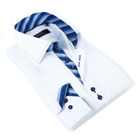 Button-Up Shirt + Blue Stripe Contrast // White (S)