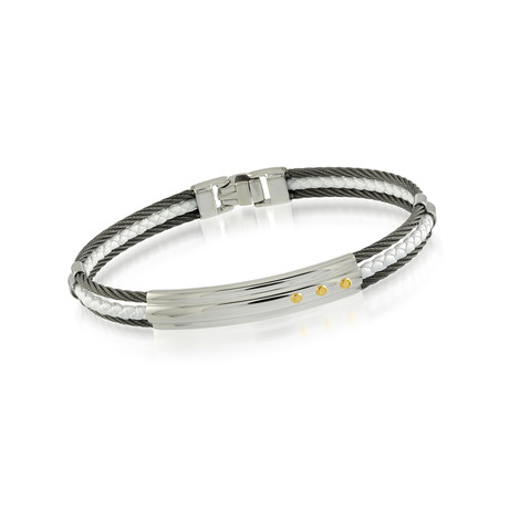 Stainless Steel White Leather 18K Yellow Gold Bracelet