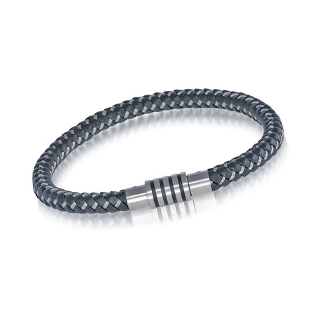 Stainless Steel Black Leather Braided Bracelet (7.7"L)