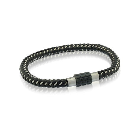 Black Leather Black Stainless Steel Clasp Bracelet (7.7"L)