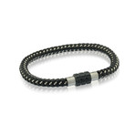 Black Leather Black Stainless Steel Clasp Bracelet (7.7"L)