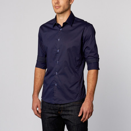 Dot Print Button-Up Shirt // Navy (S)