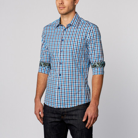 Check Print Button-Up Shirt // Blue (S)