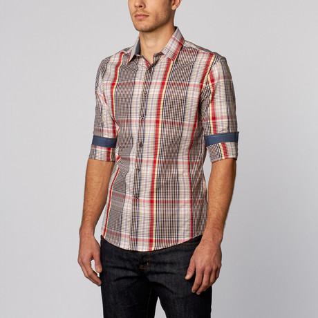Contrast Plaid Button-Up Shirt // Brown (S)