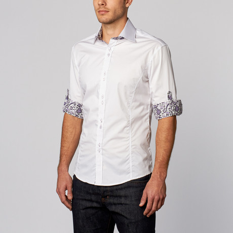 Paisley Cuff Button-Up Shirt // White + Lavender (S)