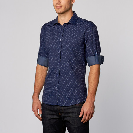 Isaac B. // Polka Dot Print Button-Up Shirt // Navy (S)
