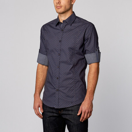 Dark Geometric Print Button-Up Shirt // Navy (S)