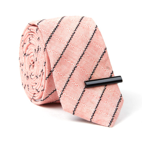 Skinny Tie + Tie Clip // Salmon Chambray Stripe