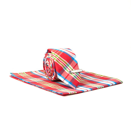 Skinny Tie + Tie Clip + Pocket Square // Red Plaid