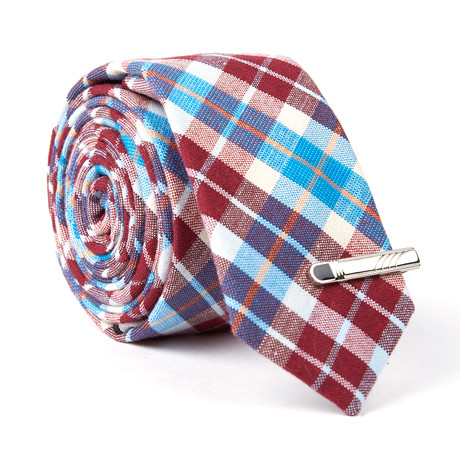 Skinny Tie + Tie Clip // Burgundy + Blue