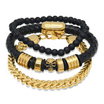 Beaded Skull Box Link Bracelets // Black + Gold // Set of 3