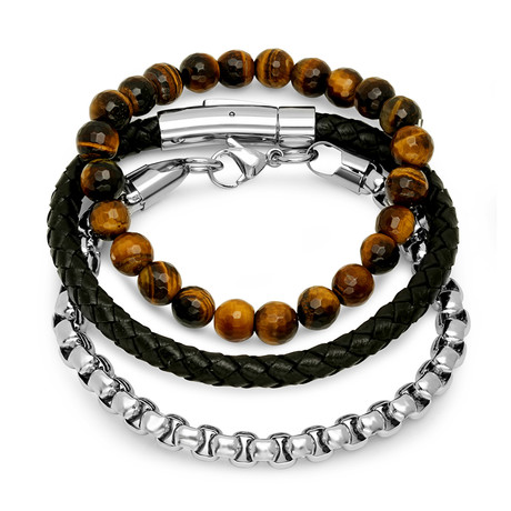 Beaded Link Leather Bracelets // Black + Silver + Tiger Eye // Set of 3