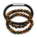 Black Leather Tiger Eye Bracelets // Set of 3