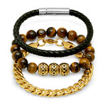 Leather Wood Gold Bracelets // Set of 3
