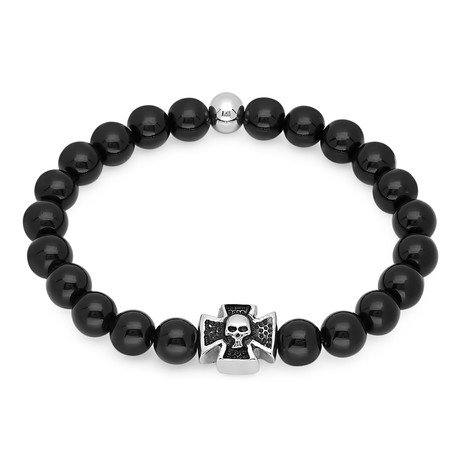 Skull & Cross Beaded Bracelet // Silver + Black