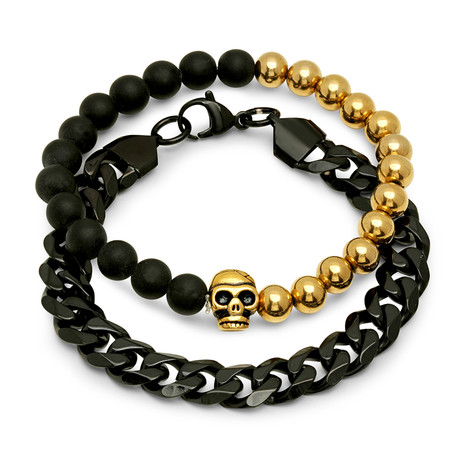 HMY Jewelry // Beaded Skull Link Bracelets // Black + Gold // Set of 2