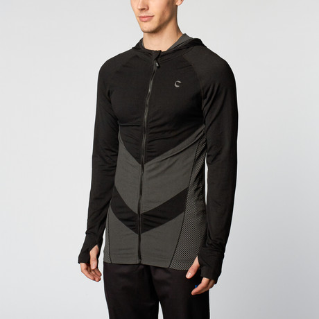 Hooded Chevron Zip-Up // Black + Grey (S)