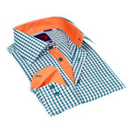 Gingham Button-Down Shirt // Green + Orange Trim (L)