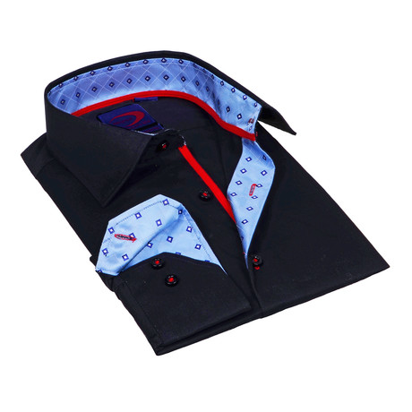 Button-Down Shirt // Black + Light Blue Satin Geometric Trim (S)